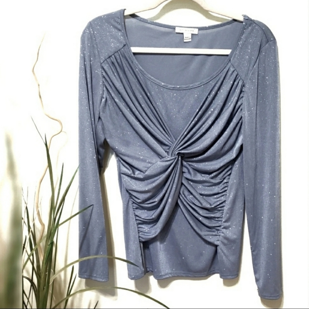Boston Proper Dusty Blue Sparkle Twist-Front Long Sleeve Blouse